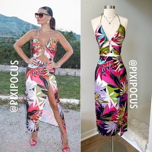 ZARA TROPICAL PRINT CUT OUT SATIN DRESS